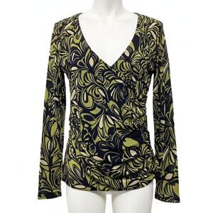 Apt 9 Blouse Size L Green Black V-Neck Wrap Style Long Sleeve Nylon Retro Y2K